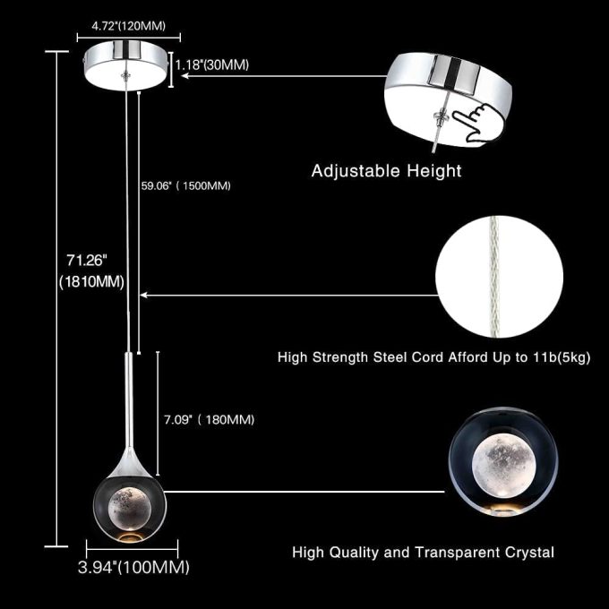 51-JjEFZACL._AC_SL1000_ Modern pendant light with adjustable height and detailed dimensions showing crystal design.