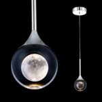 Modern moon-inspired pendant light fixtures against a black background.
