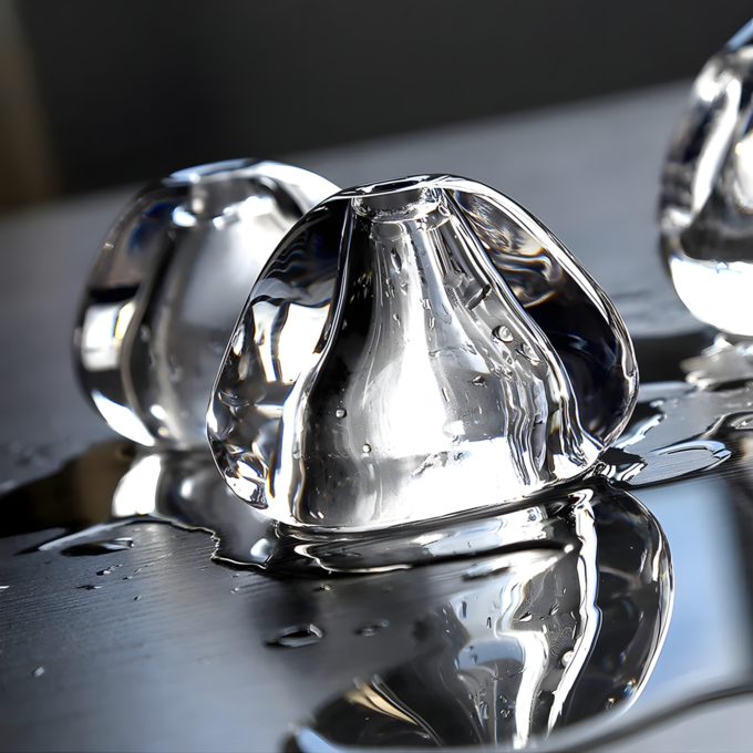 1 Close-up of melting ice sculptures on a reflective surface, capturing light and water droplets for a serene, abstract effect.