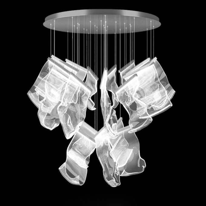 2 Abstract modern crystal chandelier on dark background.