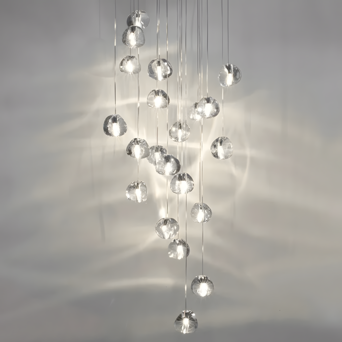 3 Modern crystal chandelier with cascading glass orbs, elegant light fixture for contemporary interior design.