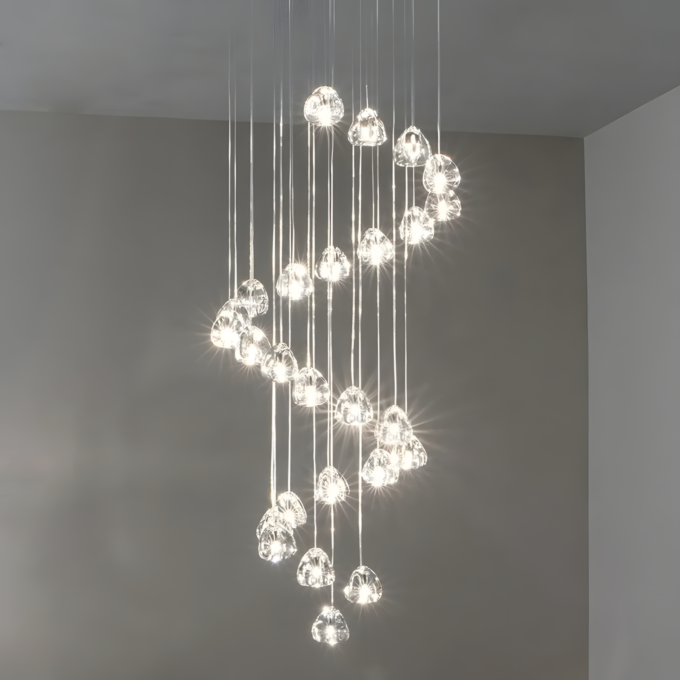 4 Modern multi-pendant light fixture with cascading design and glowing bulbs, ideal for contemporary interiors and sophisticated decor.