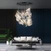 6 Modern living room with chic sofa and unique hanging light fixture.