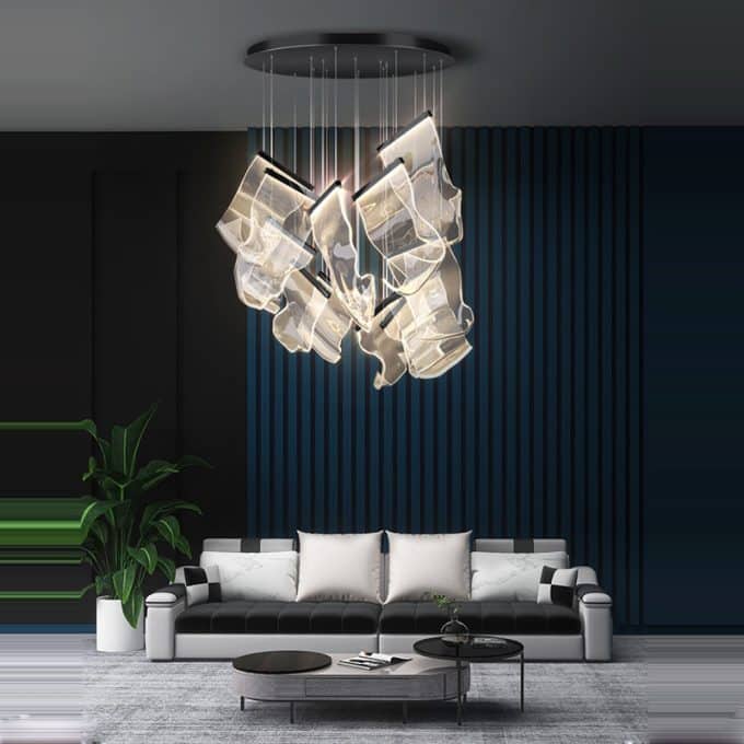 6 Modern living room with chic sofa and unique hanging light fixture.