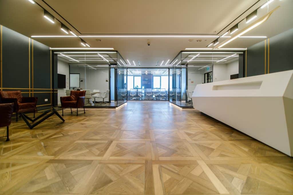 Office Lobby With Recessed Lighting and Track Lights