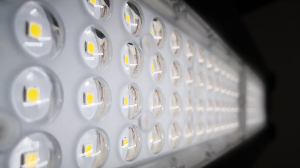 Close-up of LED light panel with selective focus on bulbs.