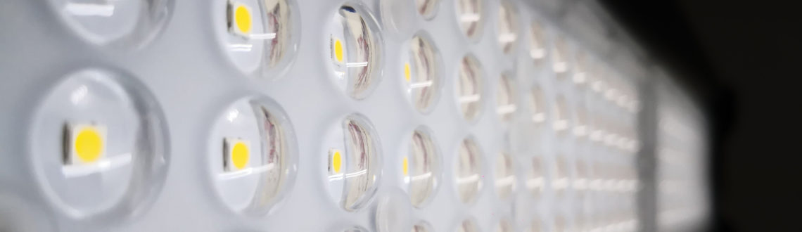 Close-up of LED light panel with selective focus on bulbs.