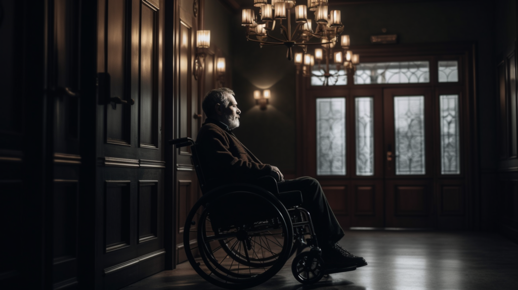 man in wheelchair sitting near light fixture in a hotel
