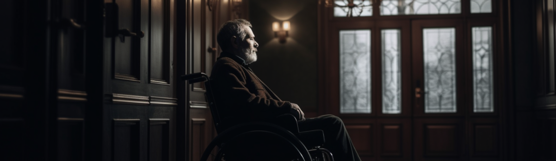 man in wheelchair sitting near light fixture in a hotel