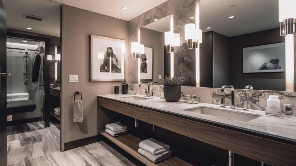 modern hotel bathroom with vanity lighting
