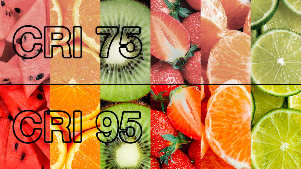 A vibrant bouquet of flowers is photographed in crystal clear detail, showcasing different faces, hair styles, and outfits. image displaying difference in color perception between low and high color rendering index