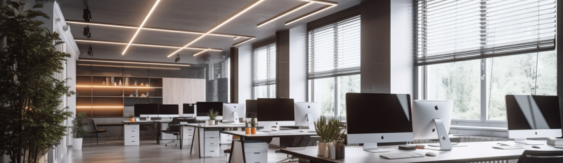 Modern office interior with computers and LED lighting.