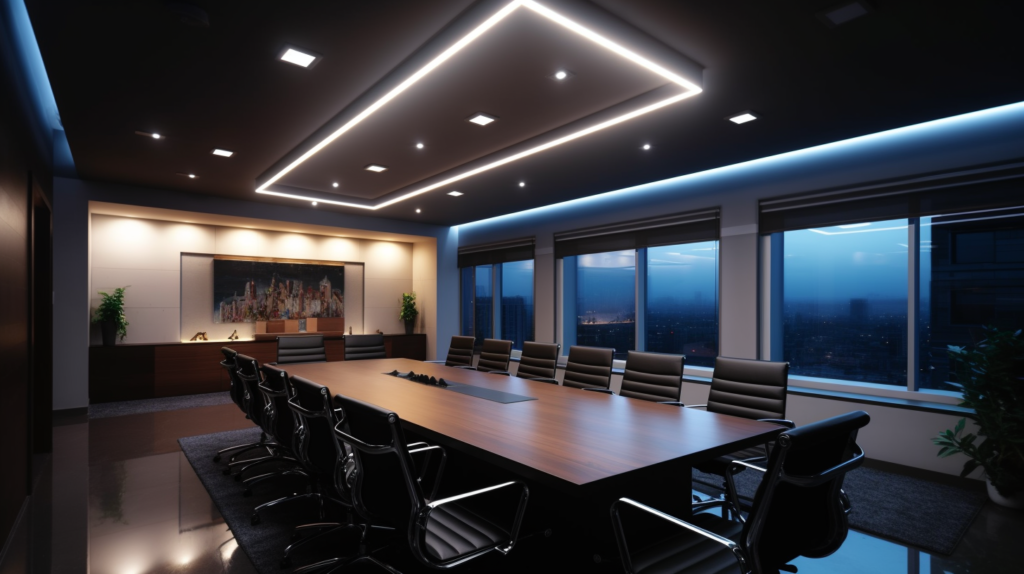 Modern boardroom interior with cityscape view at dusk, LED lighting.