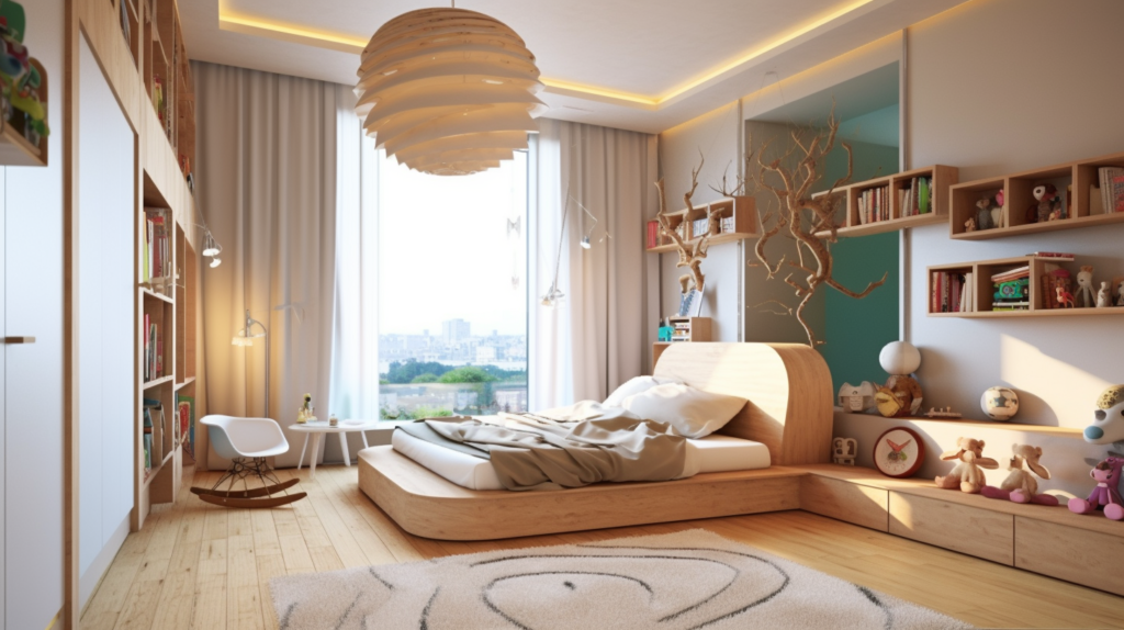 Children's bedroom render with pendant light  