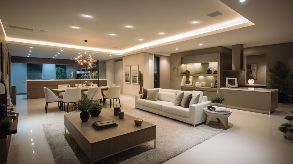 Modern Living Room With Cove Lighting and Matching Tone and Theme