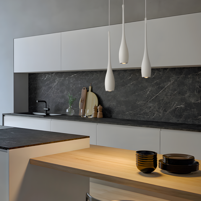 modern-teardrop-pendant-light (7) kitchen application with three white pendant lights in drop shape