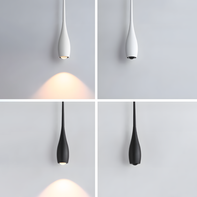 modern-teardrop-pendant-light (8) light angle view of black and white finish, on and off