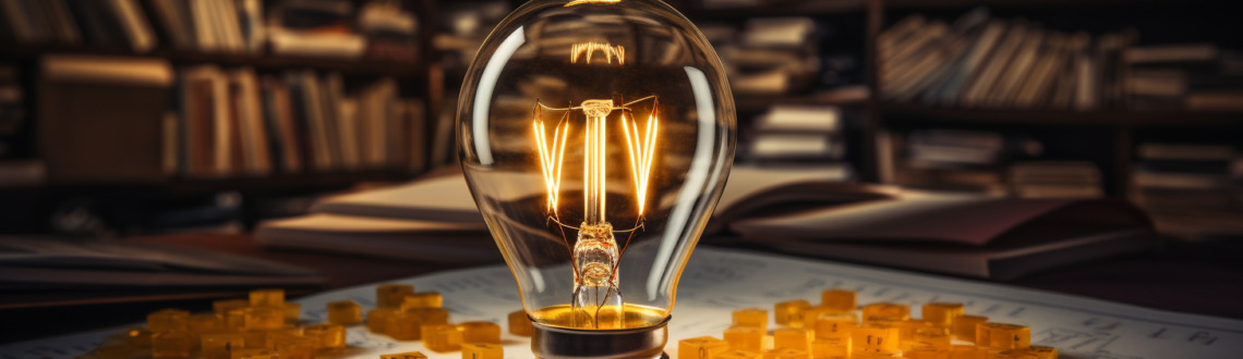Illuminated light bulb on blueprints surrounded by amber plastic blocks in a library.