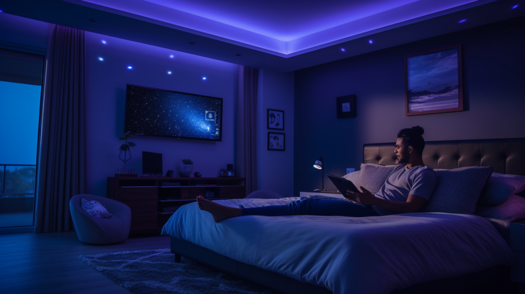 Man Sitting On Bed In A Dim Lit Room With Blue LED Lights