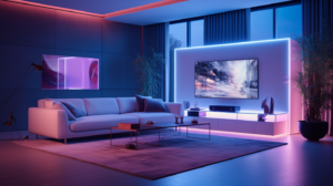 Modern living room with neon lighting and sleek furniture design