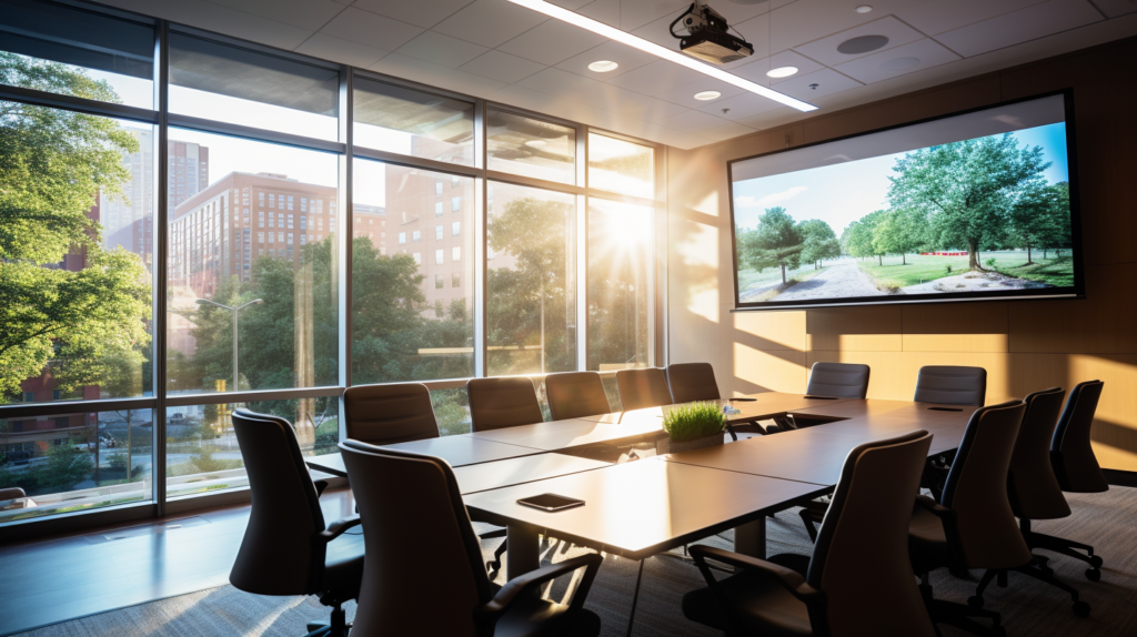 Conference Room With Large Windows And Bright Sun Rays Glaring In 