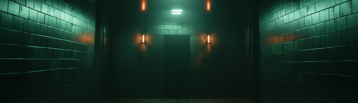 dimly lit glow from LED lights in dark hallway