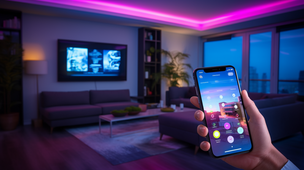 holding phone changing LED light vibrant living room