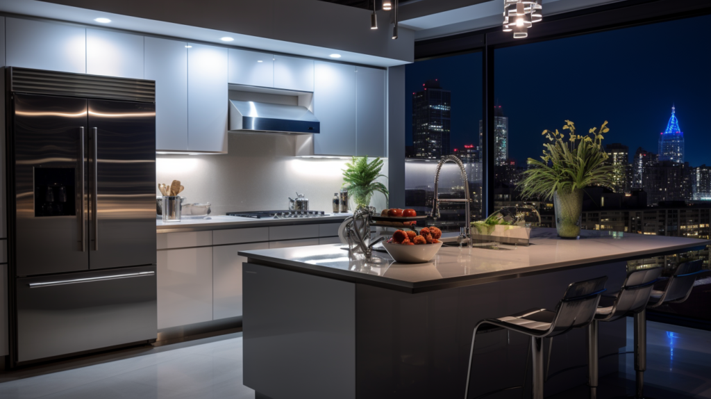 modern kitchen with ambient lighting, subtle cool lights illuminating the countertops and appliances