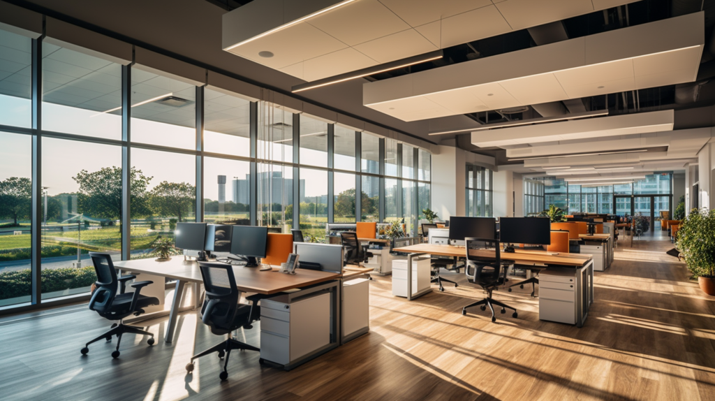 Bright office with sunlight shinning in and glare reflecting - UGR In Lighting