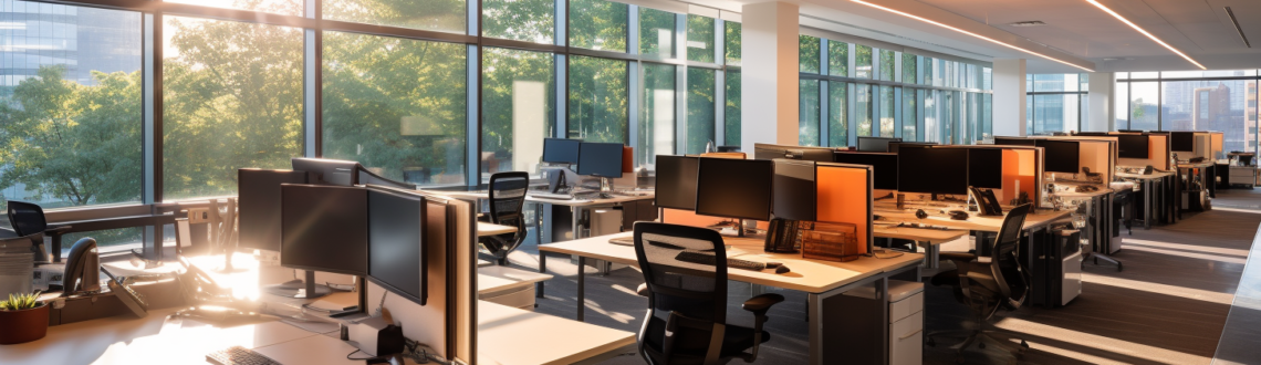 Modern Office Space With Large Windows and Strong Glare From A Desk