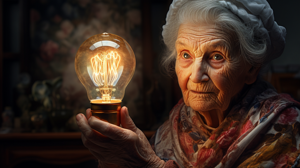 Old lady holding big light bulb