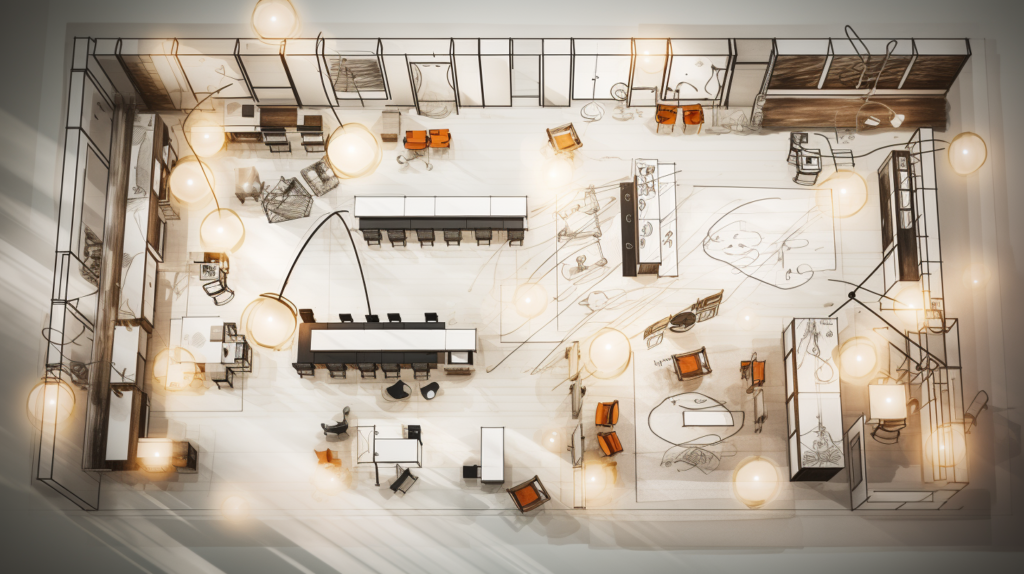 Overhead Sketch Of Modern Office With Lighting Plan
