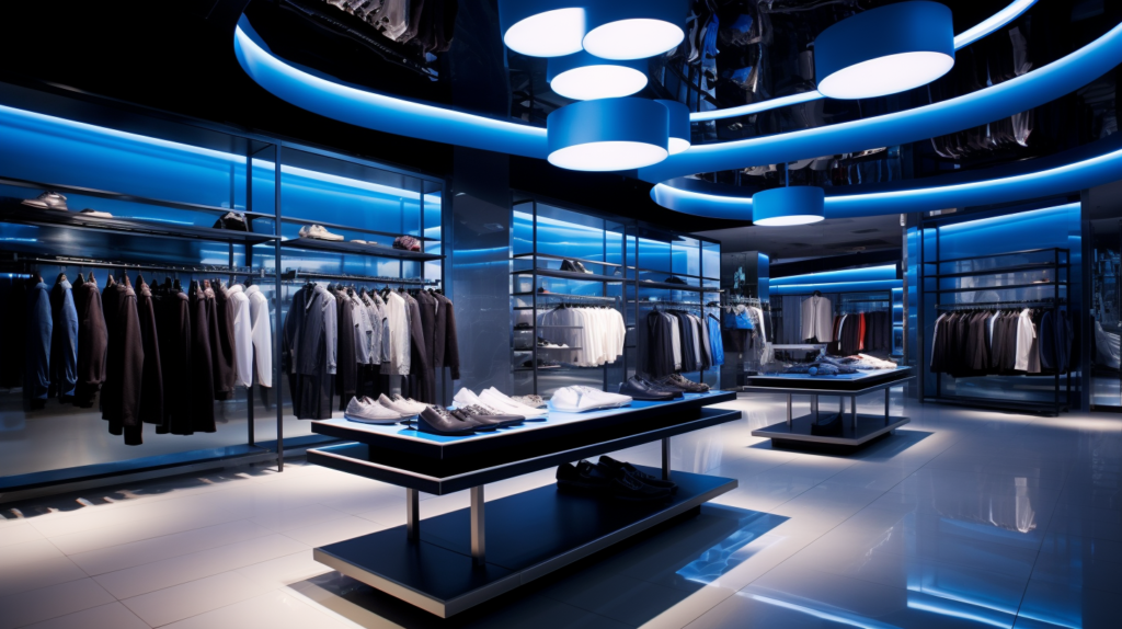 white and blue LED highlighting a shoe and suit retail display