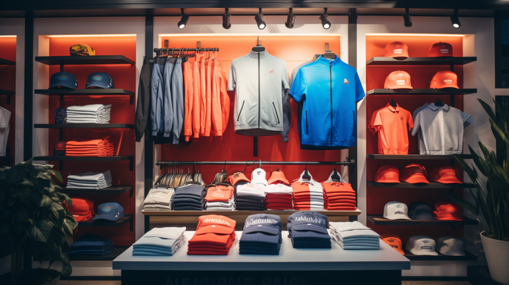 clothing display with spotlights focusing on a few products, red white blue