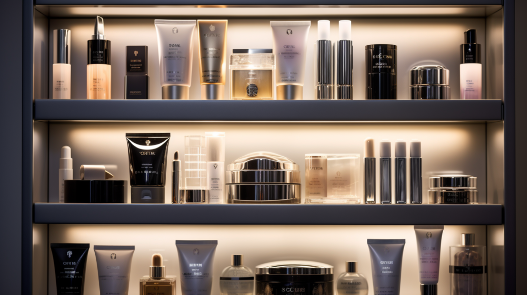close-up shot of a shelf of beauty products lit up by accent lighting to accentuate the products