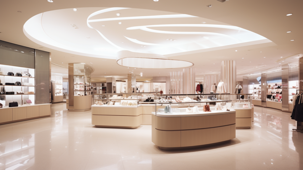 luxury store with display cases lit by bright ceiling lighting