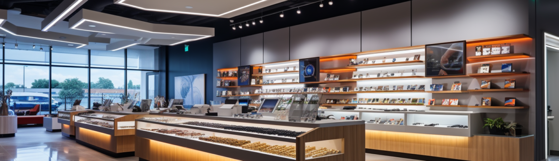 Modern jewelry store interior with sleek displays and lighting.