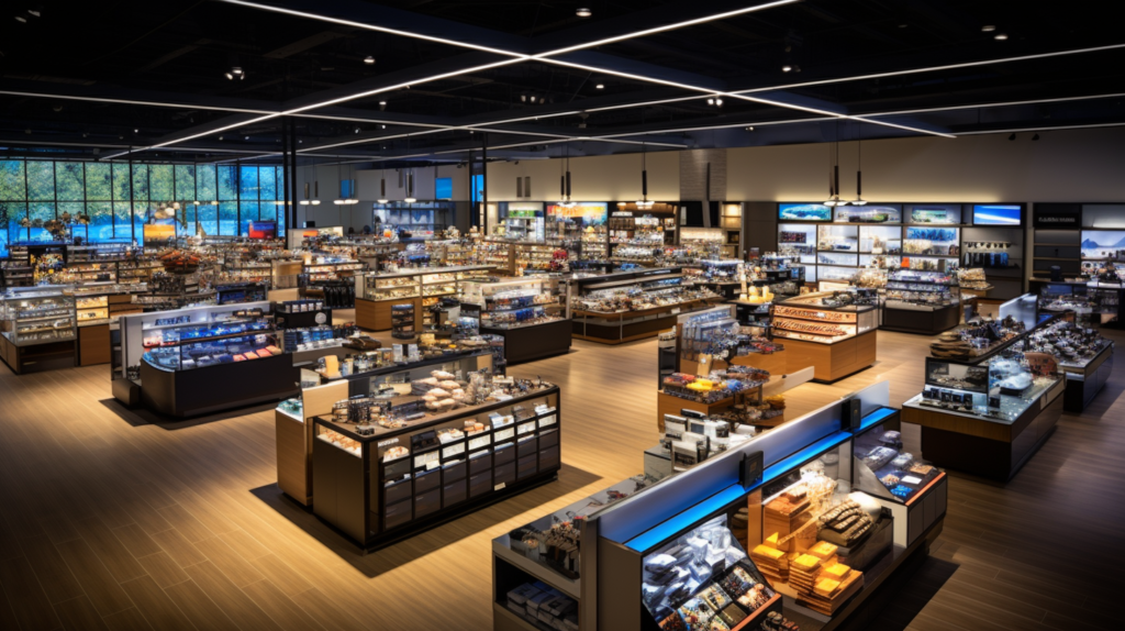 medium sized retail store interior lit up by linear lighting