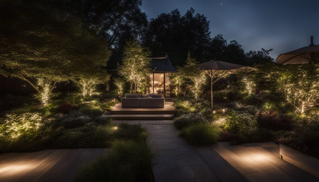 A diverse group of people posing in an outdoor garden with beautiful LED lights