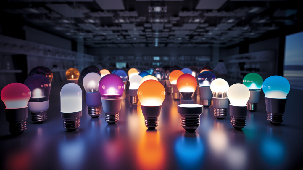 A photo showcasing LED bulbs illuminating a chandelier in a room with various people and a bustling atmosphere. Lots of different different color LED bulbs side by side