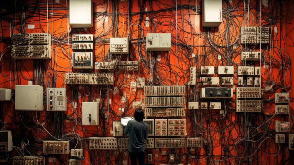 An electrician examines tangled wires and circuit boards in a busy electrical room. person looking up at a wall of complex wiring