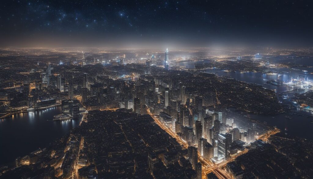 A stunning photograph of a starry night sky with a city skyline in the background. A stunning photograph of a starry night sky with a city skyline in the background