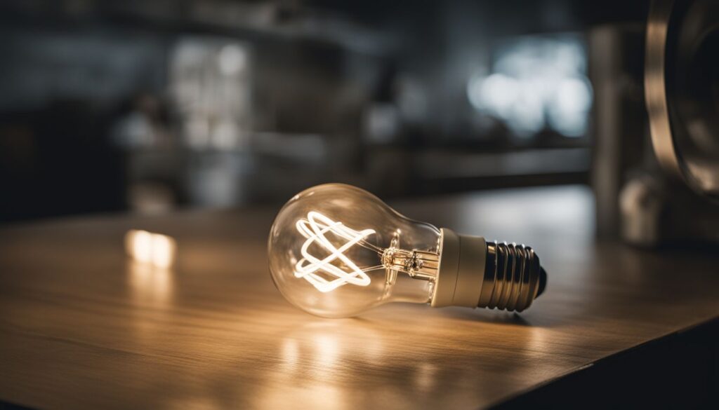 close up photo of a light bulb on a wooden table with blurred background