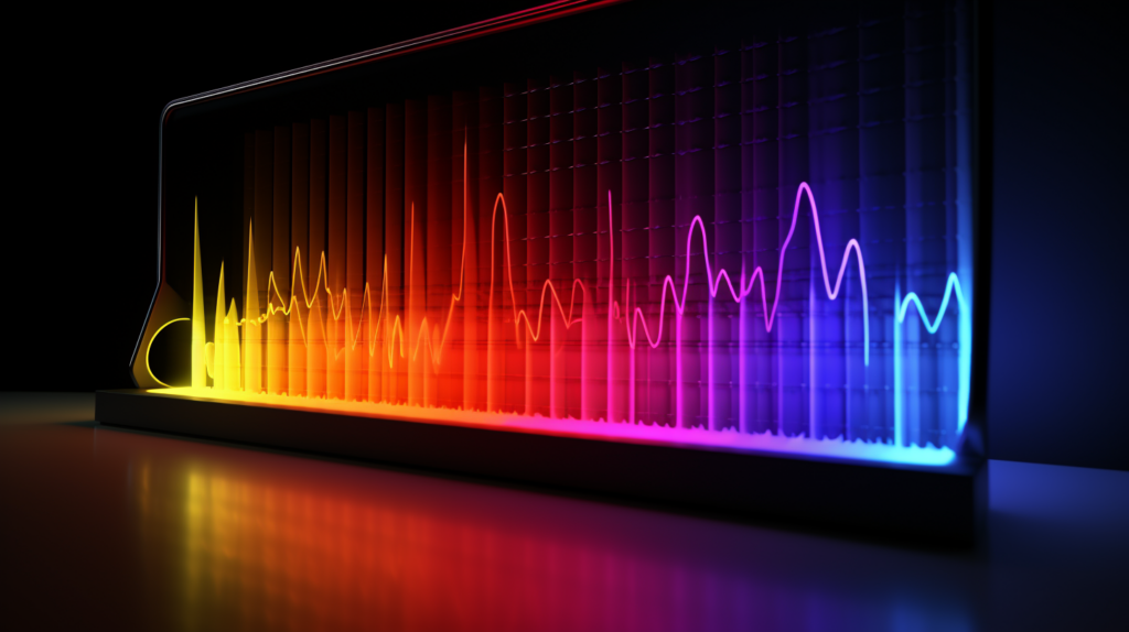 A person compares color accuracy of a color swatch under different LED lights. RGB graph backlit by different color lights