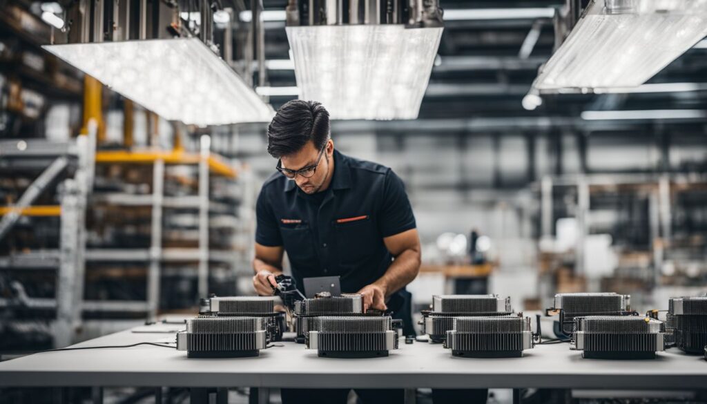 An electrical engineer inspects the heat sink of an LED light fixture in a commercial setting. An electrical engineer inspects the heat sink of an LED light fixture in a commercial setting