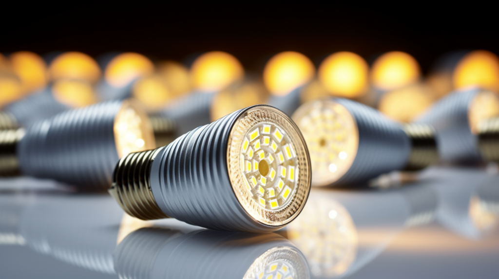 An LED light bulb shines brightly in a dimly lit room, showcasing its superior quality and performance. LED bulbs laying on white floor