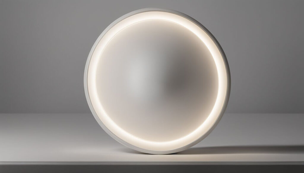 A high-quality LED bulb illuminating a room showcasing its efficient illumination and various detailed features. White Round can light with LED trim