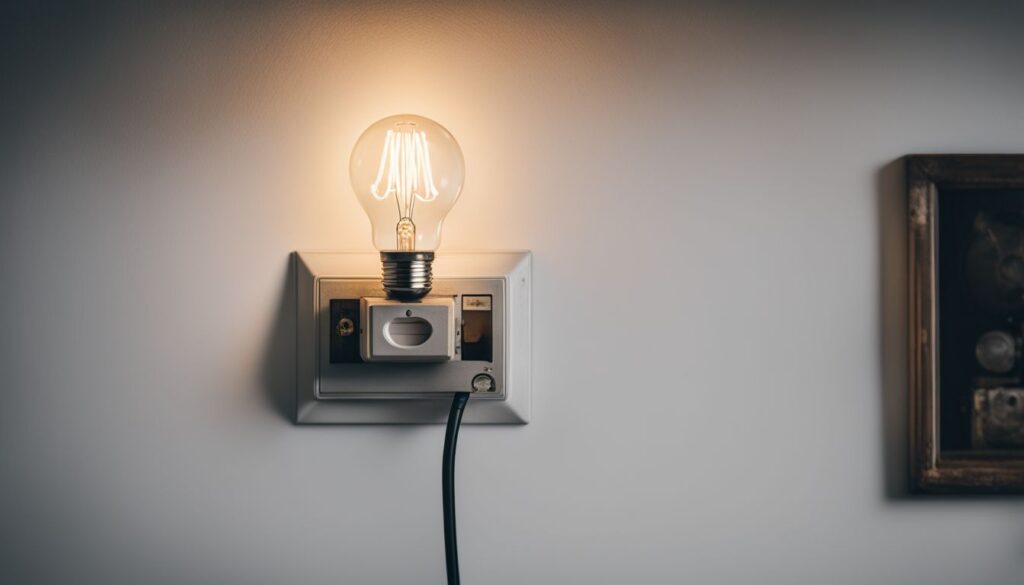 An open electrical socket with a high-wattage light bulb surrounded by warning signs. wall mounted light with a big transformer