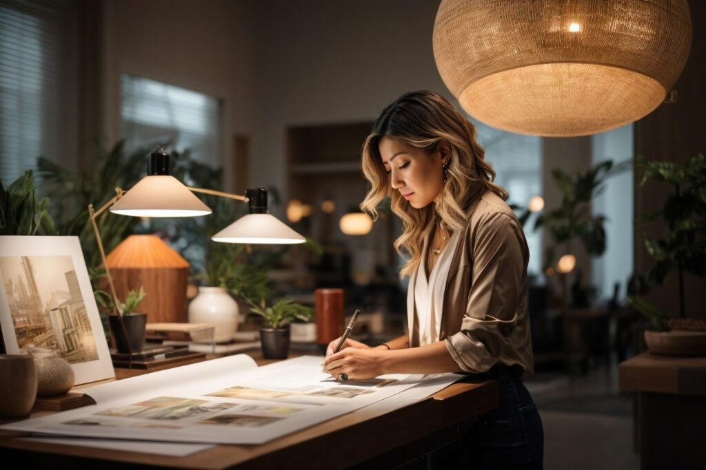 A photo of an artist painting on a canvas in different outfits and settings, captured with high-quality equipment. shot of female designer looking at drawings under a pendant light