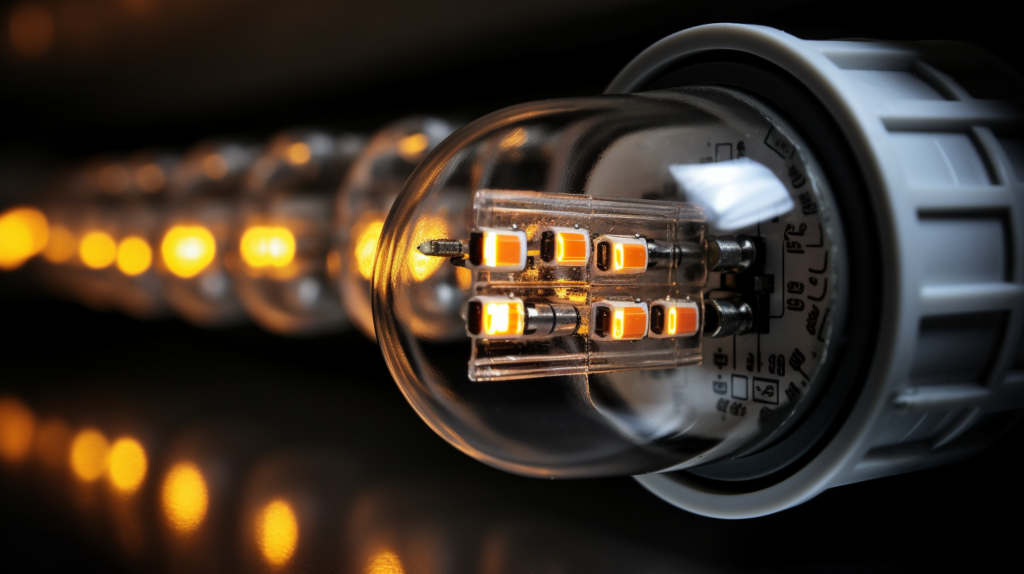 The photo captures a busy scene with a flickering LED light fixture surrounded by diverse people and sensitive electronics. close up image of a dimly lit led bulb